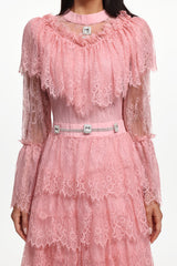 Emmi Long Sleeve Falbala Rhinestone Lace Pink Maxi Dress