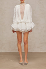 Isoline white semi-sheer lace top & shorts & dress matching set