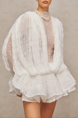 Isoline white semi-sheer lace top & shorts & dress matching set