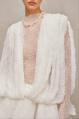 Isoline white semi-sheer lace top & shorts & dress matching set