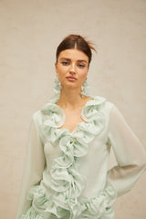 flounced chiffon blouse & skirt matching set in mint