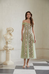 octavia Tulle Panel Floral Midi Dress in green