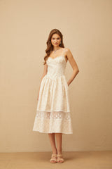 kimberley Neutral Lace Trim Floral Midi Dress in white