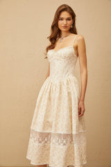 kimberley Neutral Lace Trim Floral Midi Dress in white