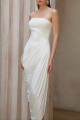 Wanda White Strapless Ruched Asymmetrical Midi Dress