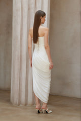 Wanda White Strapless Ruched Asymmetrical Midi Dress