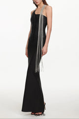 Fero One Shoulder Metal Fringe Bandage Maxi Dress