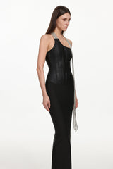 Fero One Shoulder Metal Fringe Bandage Maxi Dress