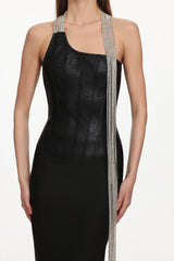 Fero One Shoulder Metal Fringe Bandage Maxi Dress