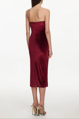 Yamia Romantic Contour Strapless Ruched Velvet Midi Dress