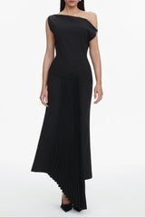 Juny Oblique Shoulder Sleeveless Folds Midi Dress