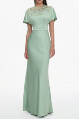 Lacey Short Sleeve Crystal Embellished Satin Maxi Dress
