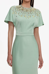Lacey Short Sleeve Crystal Embellished Satin Maxi Dress