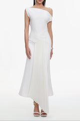 Paulina Oblique Shoulder Sleeveless Folds Midi Dress
