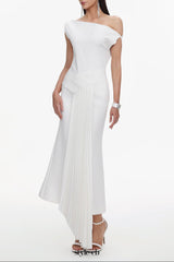 Paulina Oblique Shoulder Sleeveless Folds Midi Dress