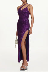 Julieta Sleeveless Asymmetric Sequin Maxi Dress