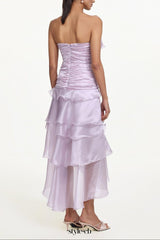 Jellay Strapless Asymmetric Ruffle High Slit Maxi Dress