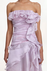 Jellay Strapless Asymmetric Ruffle High Slit Maxi Dress