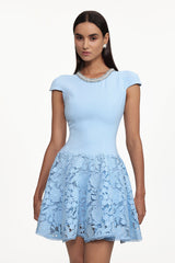 Eirene Round Neck Short Sleeve Rhinestone Floral Lace Mini Dress