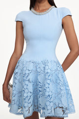 Eirene Round Neck Short Sleeve Rhinestone Floral Lace Mini Dress