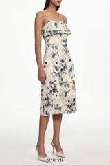 hilary Cinched Waist Sleeveless Ruffle Floral Print Woven Midi Dress