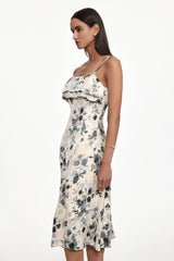 hilary Cinched Waist Sleeveless Ruffle Floral Print Woven Midi Dress