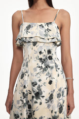 hilary Cinched Waist Sleeveless Ruffle Floral Print Woven Midi Dress