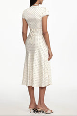 lorraine Cinched Waist V Neck Short Sleeve Polka Dot Lace Woven Maxi Dress