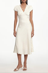 lorraine Cinched Waist V Neck Short Sleeve Polka Dot Lace Woven Maxi Dress