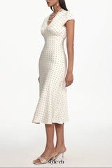 lorraine Cinched Waist V Neck Short Sleeve Polka Dot Lace Woven Maxi Dress