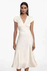 lorraine Cinched Waist V Neck Short Sleeve Polka Dot Lace Woven Maxi Dress