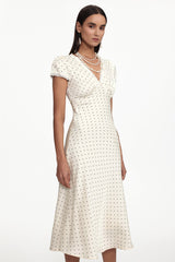 lorraine Cinched Waist V Neck Short Sleeve Polka Dot Lace Woven Maxi Dress