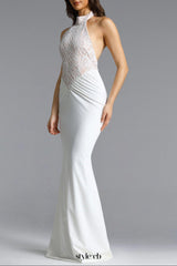 Fahrenheit white Halter Ruched Lace Maxi Dress