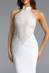Fahrenheit white Halter Ruched Lace Maxi Dress