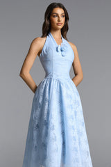 Delaney blue Halter Floral Jacquard Midi Dress