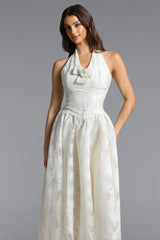 Delaney White Halter Floral Jacquard Midi Dress