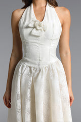 Delaney White Halter Floral Jacquard Midi Dress