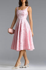 Lisbon pink Square Neck Jacquard Satin Midi Dress