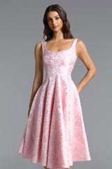 Lisbon pink Square Neck Jacquard Satin Midi Dress