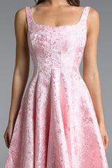 Lisbon pink Square Neck Jacquard Satin Midi Dress