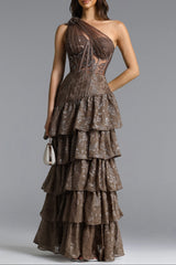 Hedar One Shoulder Cut Out Ruffle Embellished Sequin Maxi Dress
