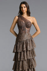 Hedar One Shoulder Cut Out Ruffle Embellished Sequin Maxi Dress