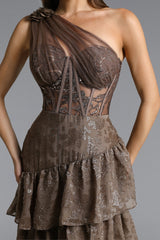 Hedar One Shoulder Cut Out Ruffle Embellished Sequin Maxi Dress