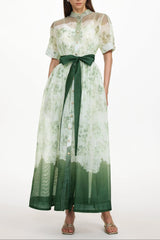 Vilane Green Short Sleeve Floral Print Woven Maxi Dress