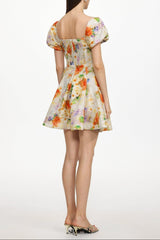 Gearoid Ruched Puff Sleeve Floral Print Woven Mini Dress