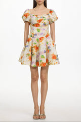 Gearoid Ruched Puff Sleeve Floral Print Woven Mini Dress