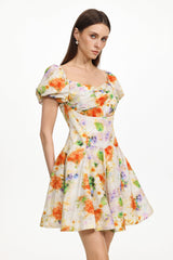 Gearoid Ruched Puff Sleeve Floral Print Woven Mini Dress