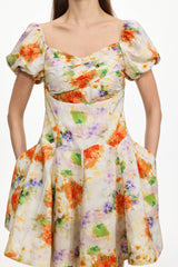 Gearoid Ruched Puff Sleeve Floral Print Woven Mini Dress