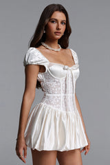 Huresa Short Sleeve Bow Woven Mini Dress