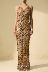 jennifer Gold Sequin Fishnet backless Maxi Dress